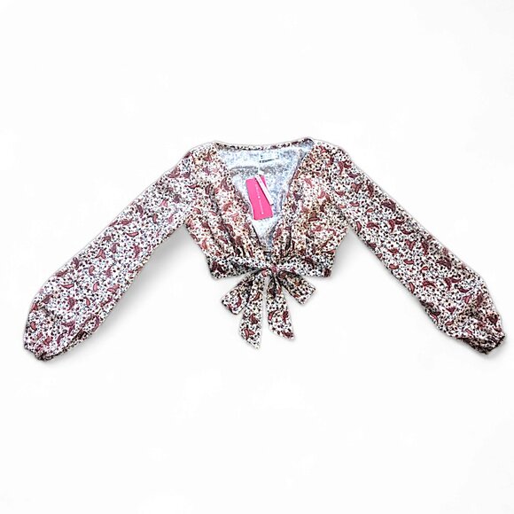 NWT Sz4 Beginning Boutique Blouse Balloon Sleeves TieFront Cropped Paisley Brown - Picture 1 of 2